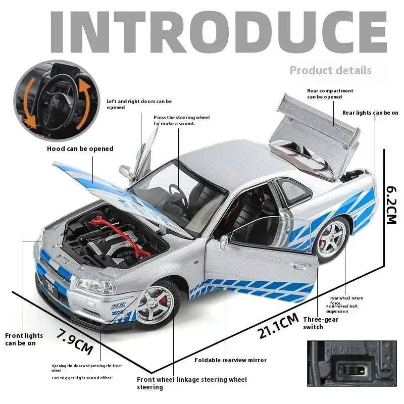 1:24 Nissan GTR R34 Skyline Alloy Diecast Car Model With Sound Light Pull-Back - Image 2