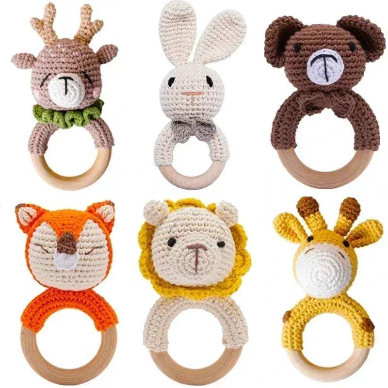 1 Piece Wooden Teether Rattle Toy With Crochet Amigurumi Animal For Newborn Unisex BPA Free