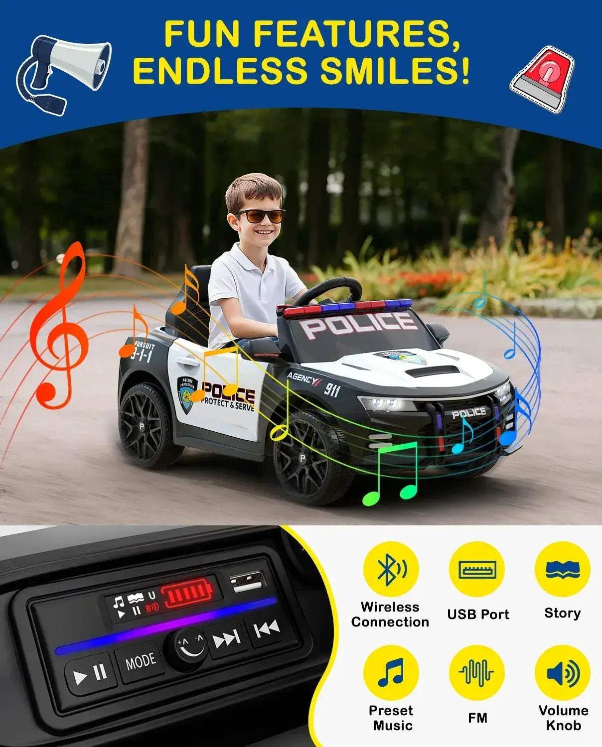12V Kids Ride On Police Car With Remote LED Lights - Image 3