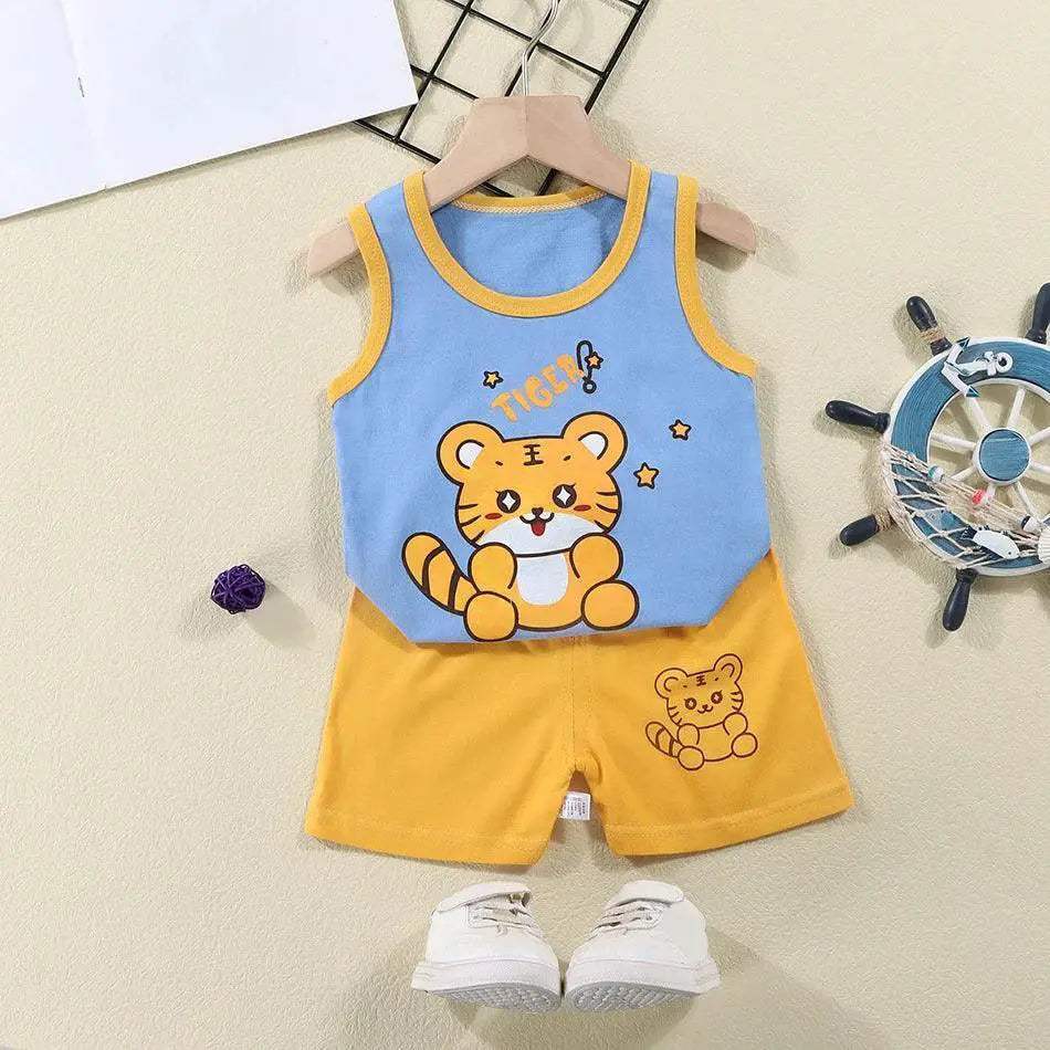 2 Pcs Summer Children's Animal Cartoon Print Vest Sets Girls Clothes Baby Korean Thin Boys Kids Sleeveless Casual Clothing Sets
