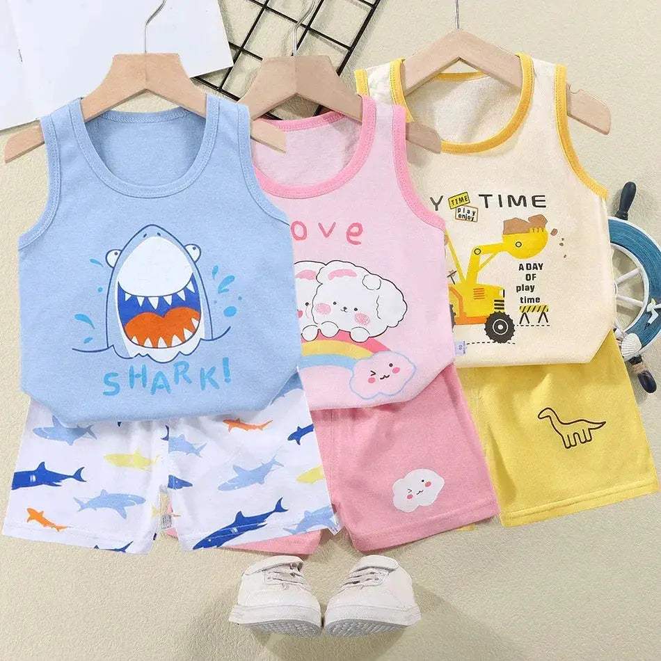 2 Pcs Summer Children's Animal Cartoon Print Vest Sets Girls Clothes Baby Korean Thin Boys Kids Sleeveless Casual Clothing Sets - Image 2