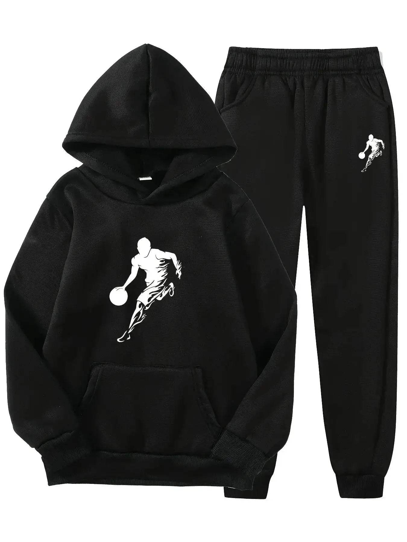 2-Piece Boy Basketball Player Graphic Sweatshirt with Hood + Pants, Cozy Casual Outdoor Set for Fall and Winter - Image 6