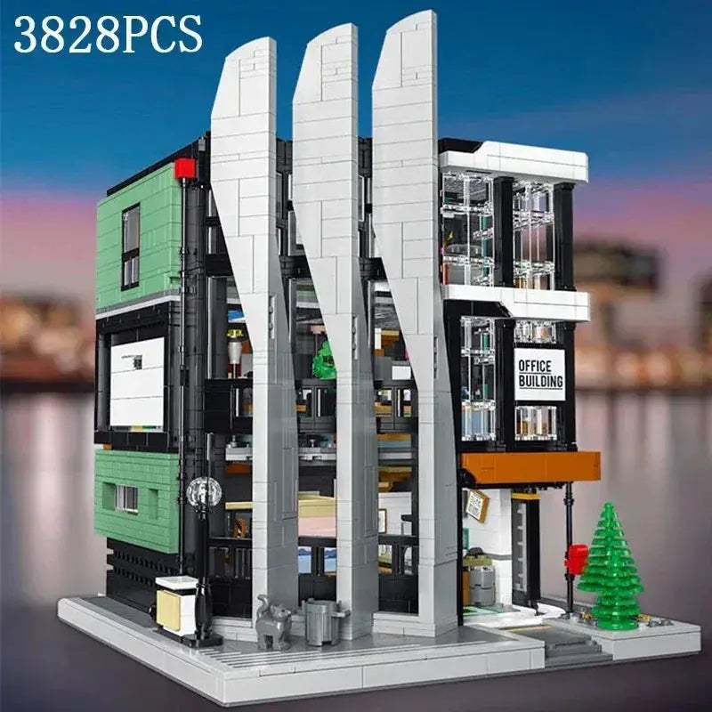 City Street View Office Building Blocks With Lights