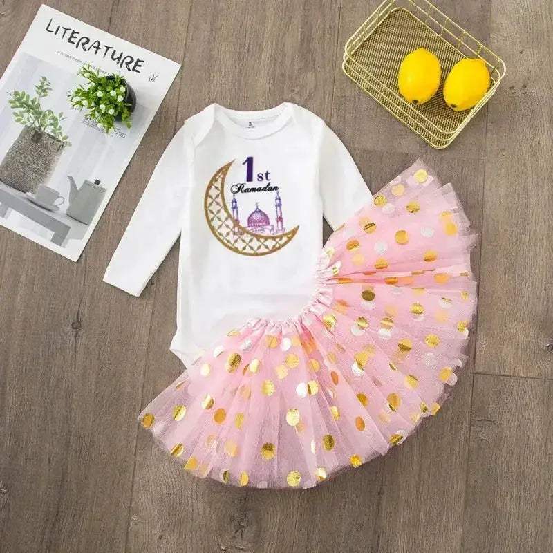 Adorable Baby Dress Set With Tulle Tutu Skirt Sequins And Long Sleeve For My First Ramadan Girl - Image 8