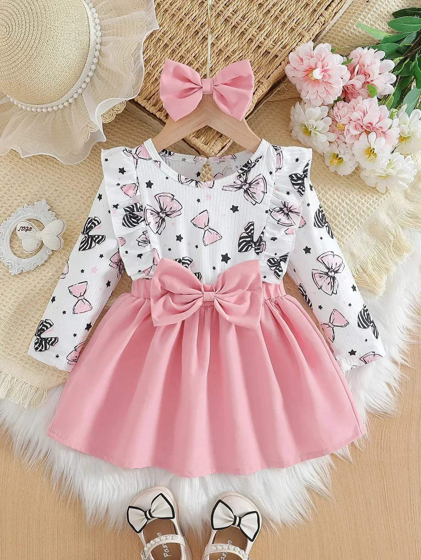 Adorable Baby Girl Dress Cartoon Bow Pattern Round Neck For 0 To 1 Year