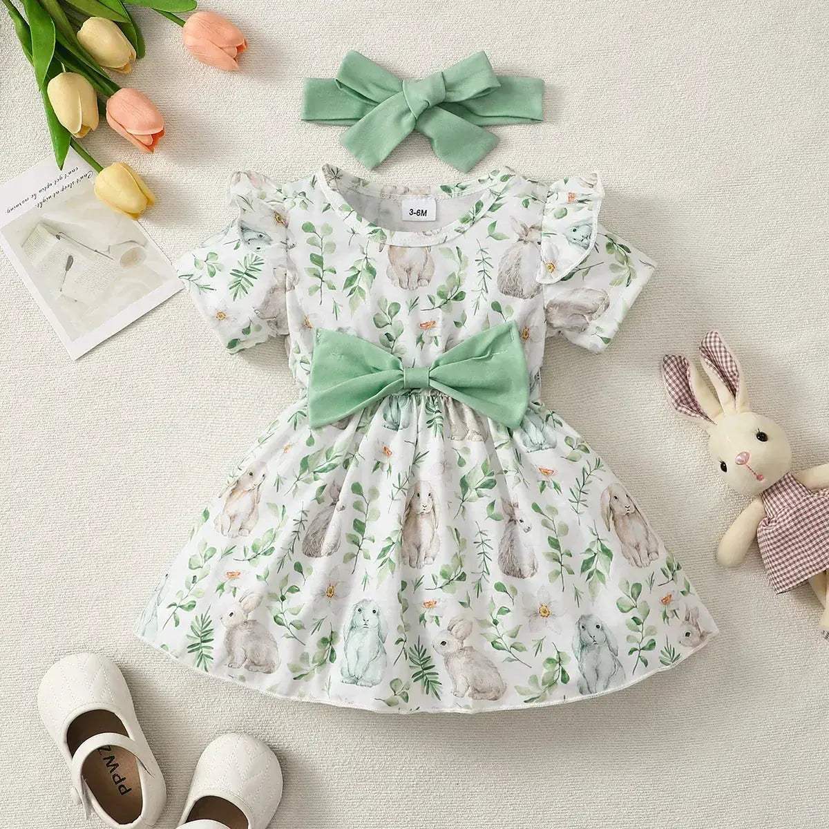 Adorable Baby Girl Dress With Bunny Plant Print Bow For 0 To 2 Year Olds Summer Wear