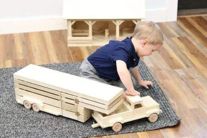 Amish-Made Wooden Toy Pickup and Gooseneck Trailer Set - Image 2
