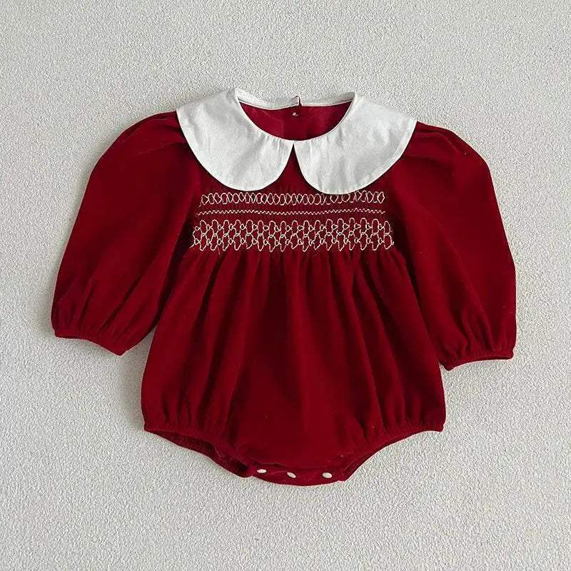 Autumn Cozy Soft Cotton Sweet Solid Color Long Sleeve Rompers With Peter Pan Collar For Baby Girls - Image 3