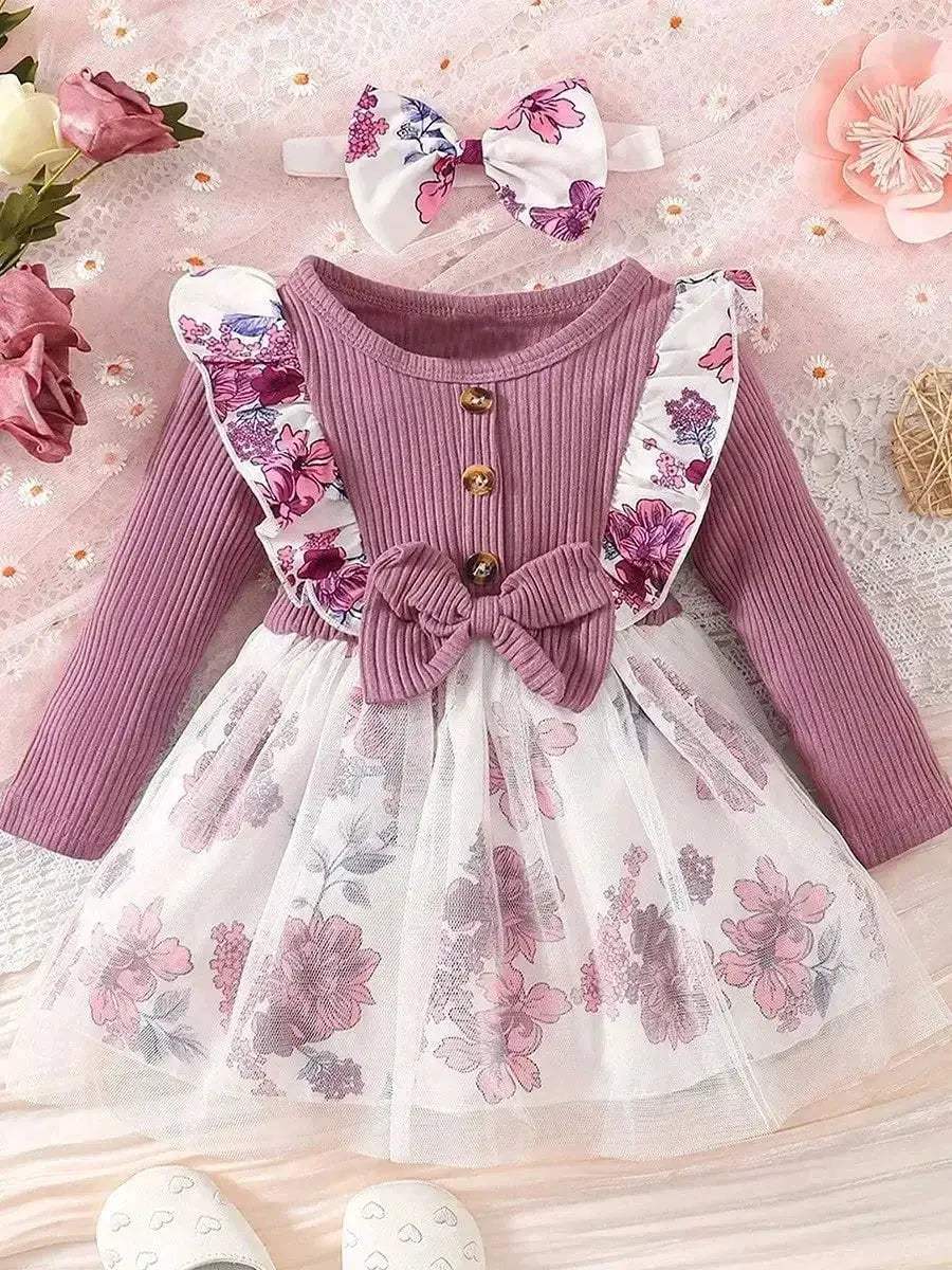 Baby Girl Long Sleeve Purple Printed Cotton Dress Comfort - Image 7