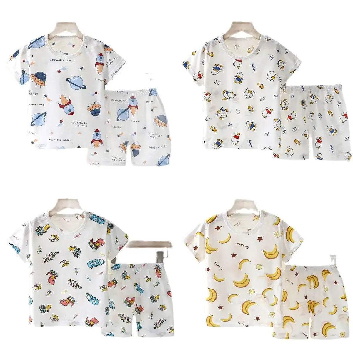 Breathable Cotton Pajamas Two Piece Set With Cartoon Pattern For Unisex Kids New Summer Nightwear