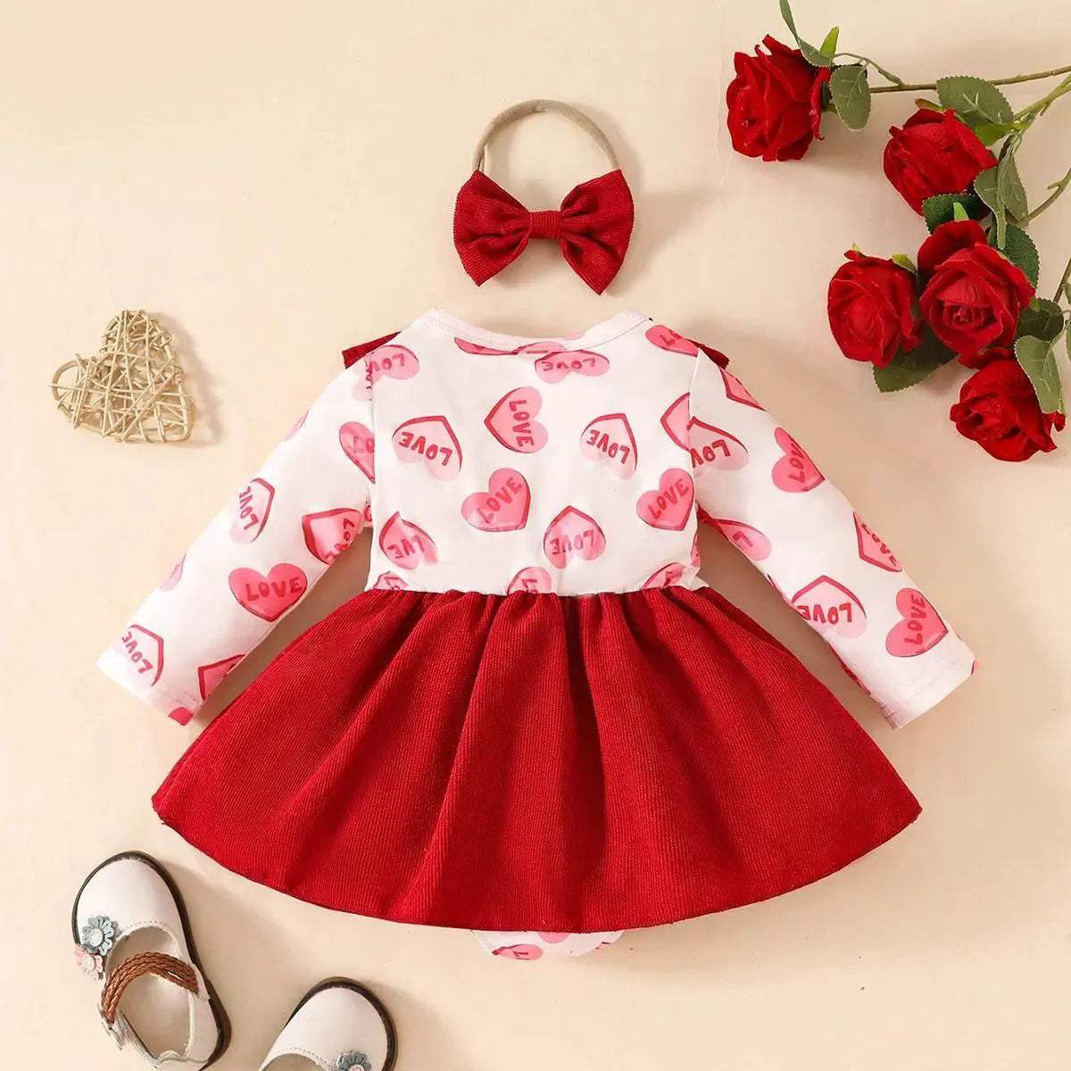 Chic Baby Girl Dress With Love Print Red Ruffle Edge Butterfly Bow Two Piece Set For Zero To Eighteen Months - Image 2