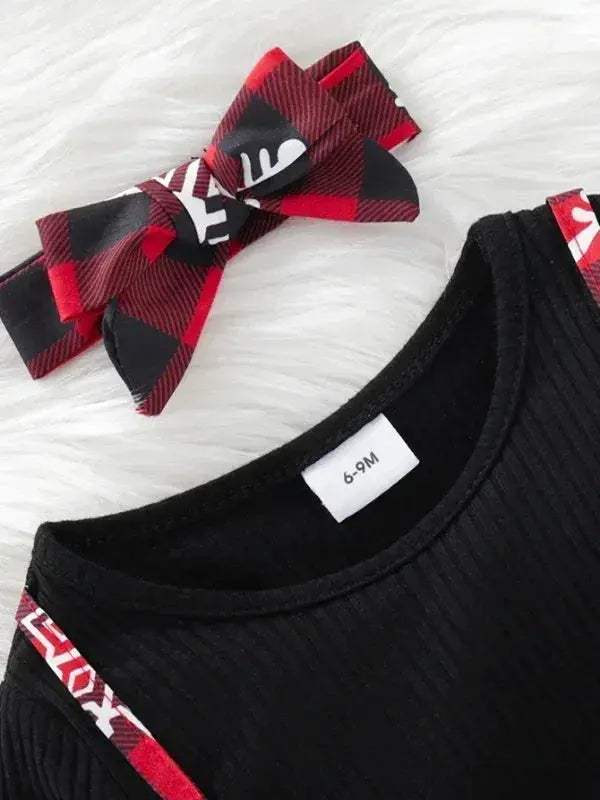 Christmas Plaid Patchwork Snowflake Baby Girls Dress With Headband - Image 3