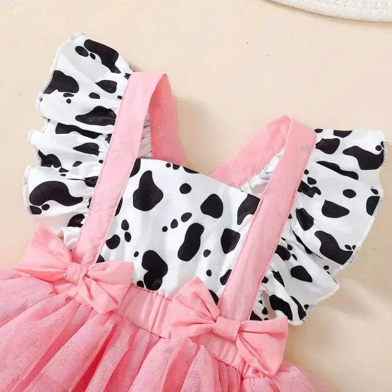 Cow Print Summer Baby Girls Romper With Tulle Patchwork Headband - Image 6