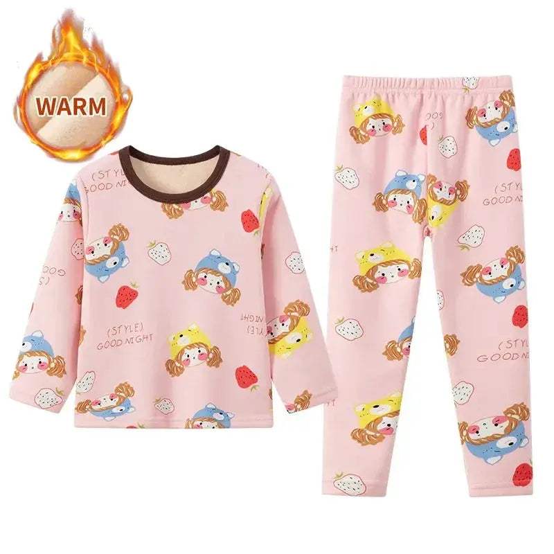 Cozy 2 Piece Kids Pajama Set Velvet Lined With Cute Printed Pattern Unisex For Winter Home Wear - Image 13