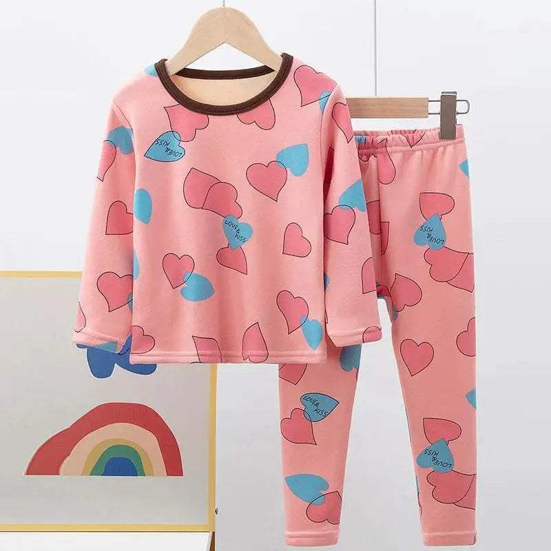 Cozy 2 Piece Kids Pajama Set Velvet Lined With Cute Printed Pattern Unisex For Winter Home Wear - Image 5