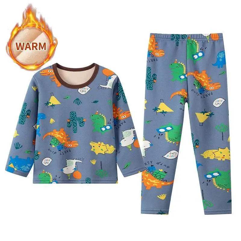 Cozy 2 Piece Kids Pajama Set Velvet Lined With Cute Printed Pattern Unisex For Winter Home Wear - Image 7