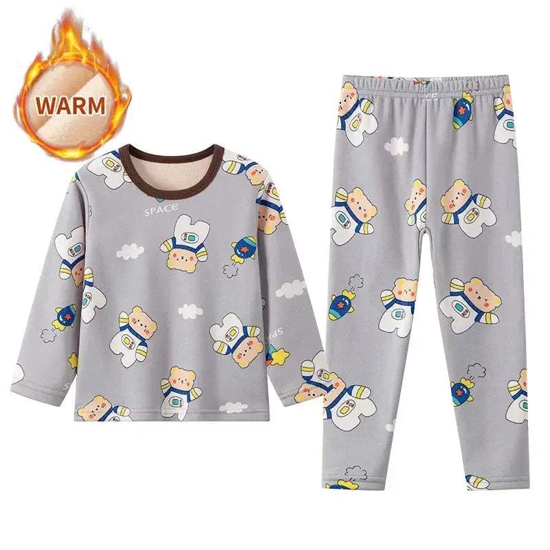 Cozy 2 Piece Kids Pajama Set Velvet Lined With Cute Printed Pattern Unisex For Winter Home Wear - Image 9