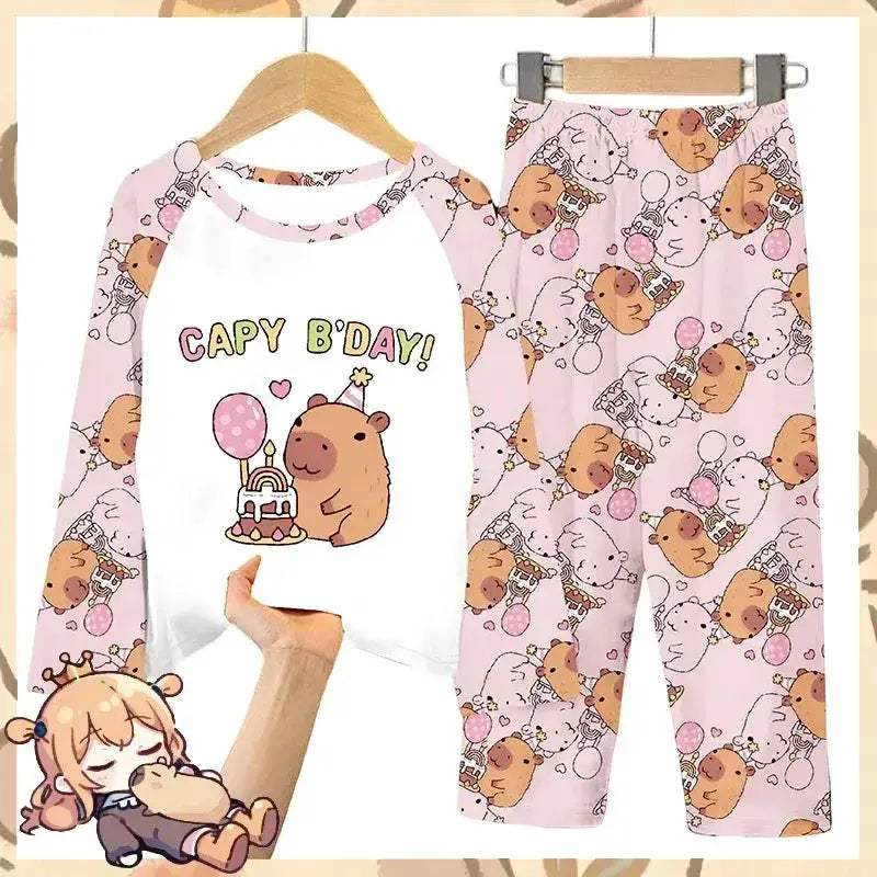 Cozy Capybara Printed Kids Pajama Set With Soft Long Sleeve Top And Pants
