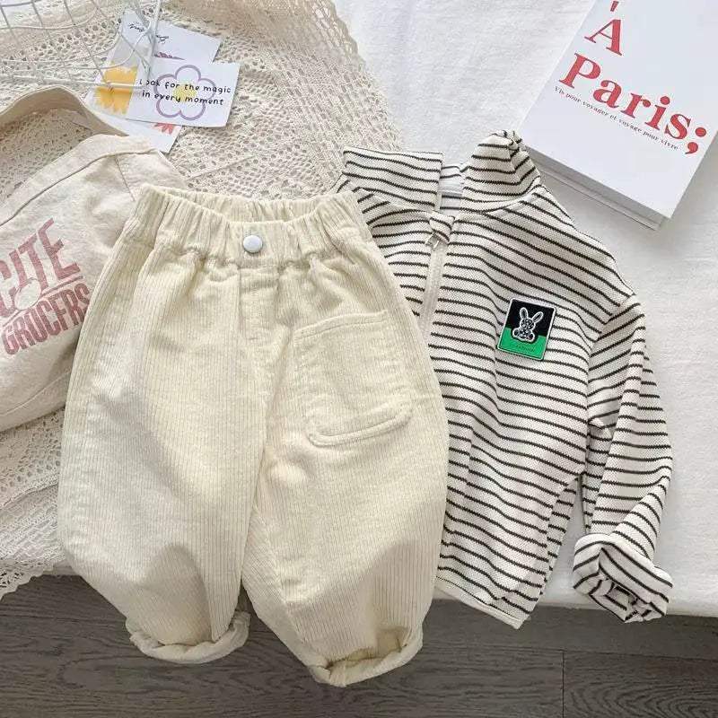 Cozy Corduroy Pants For Unisex Kids With Elastic Waist Loose Fit Autumn Winter Casual Trousers - Image 9