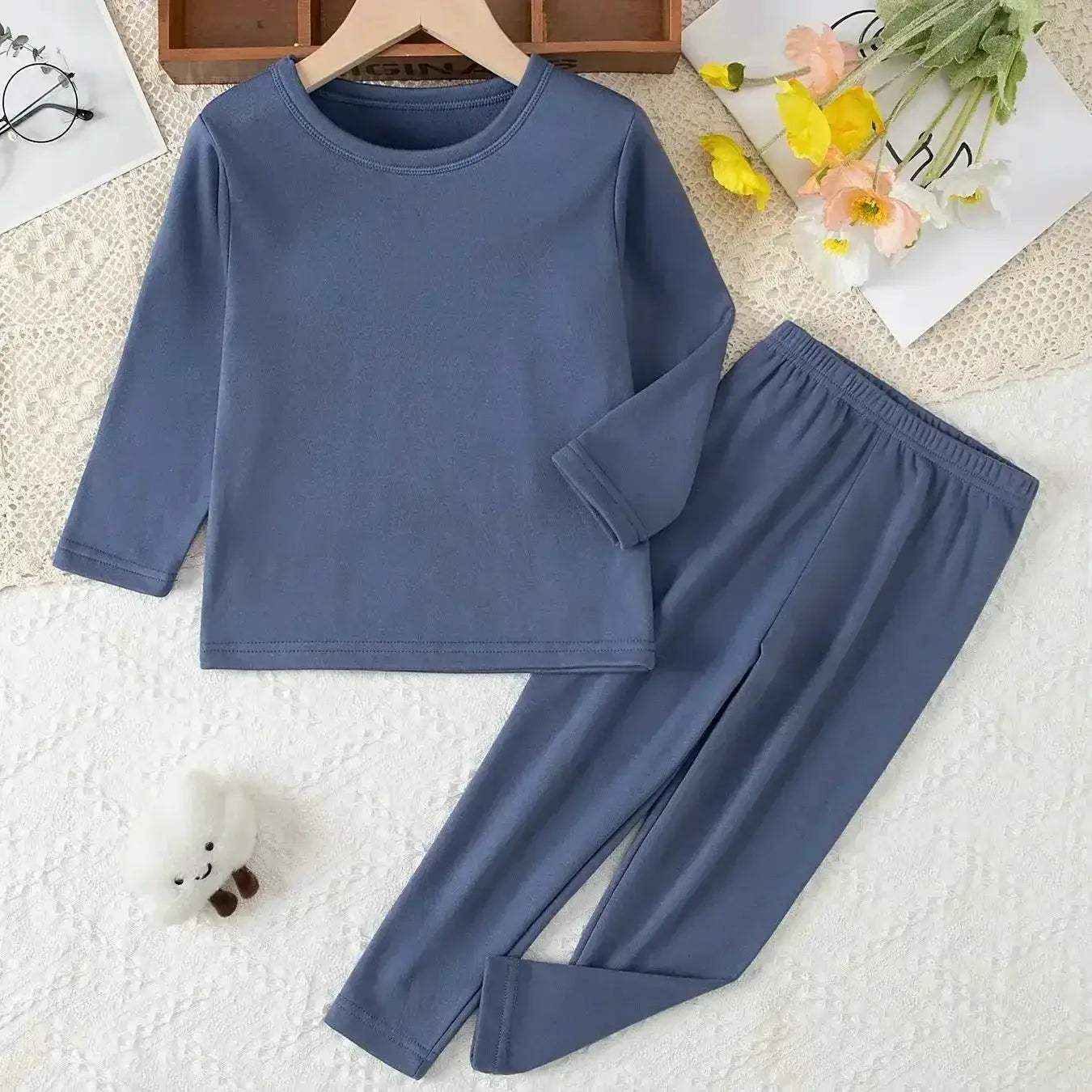 Cozy Thermal Sleepwear Set Round Neck For Kids Unisex Two Piece Autumn Winter - Image 4