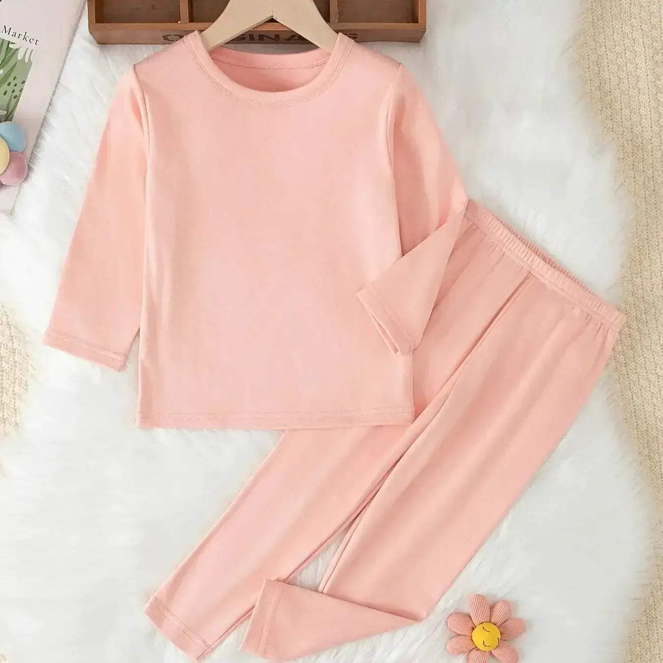 Cozy Thermal Sleepwear Set Round Neck For Kids Unisex Two Piece Autumn Winter - Image 5