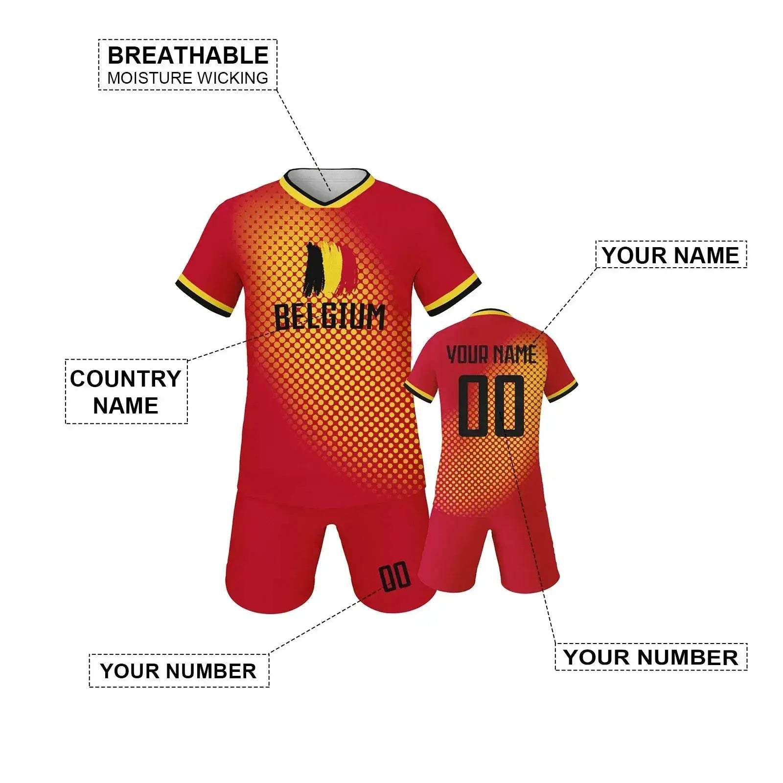 Custom Belgium Kids Soccer Jersey And Shorts Set With Personalized Name And Number, Youth Unisex Football Kit - Image 2