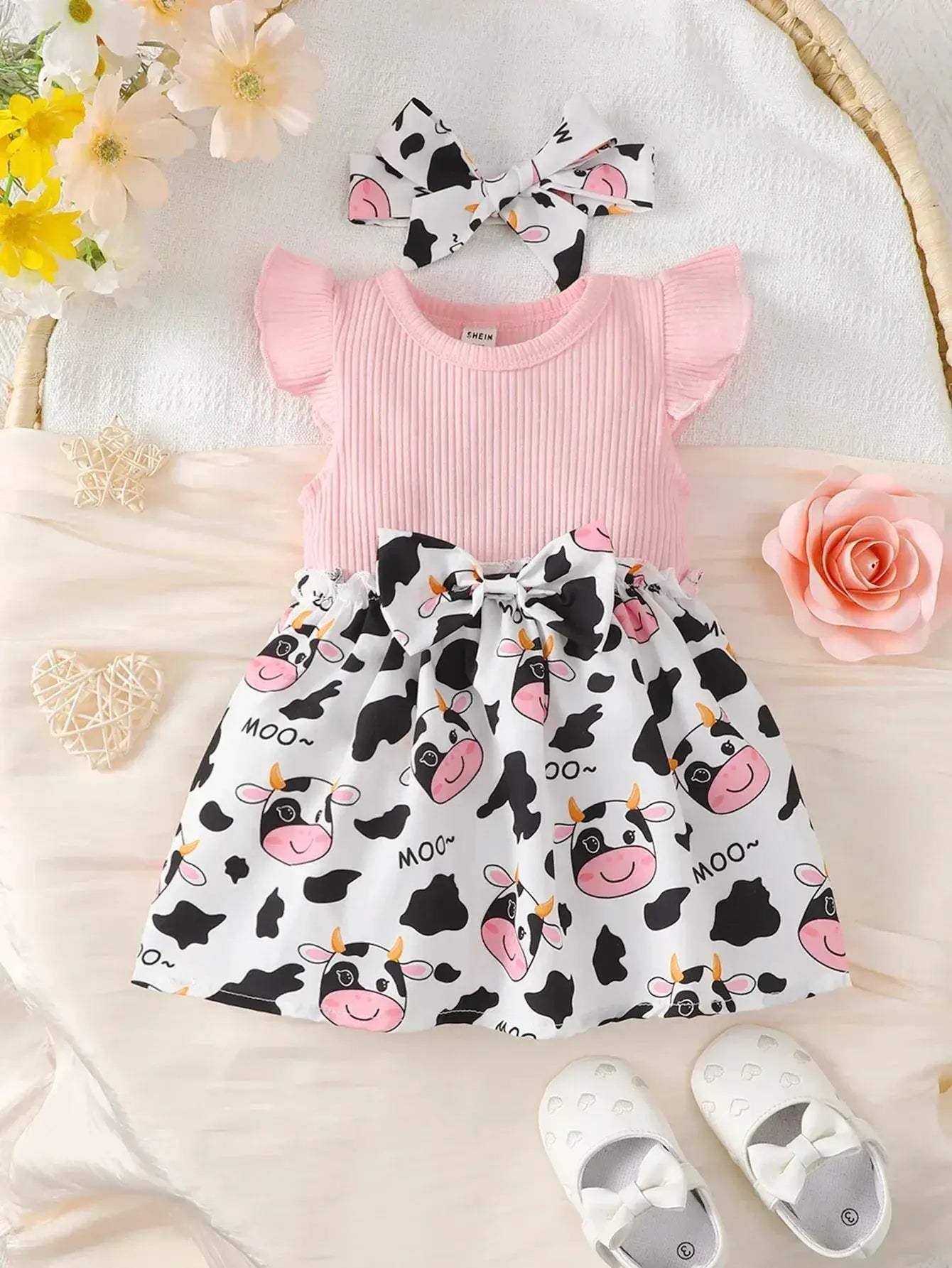Cute Cartoon Cow Baby Girl Dress Set Skin Friendly