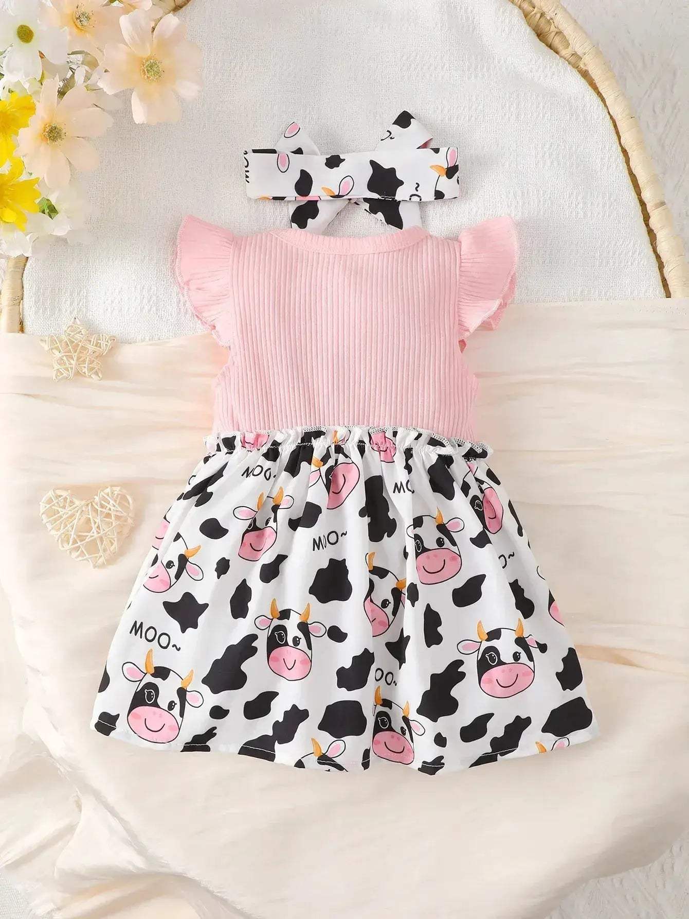 Cute Cartoon Cow Baby Girl Dress Set Skin Friendly - Image 2