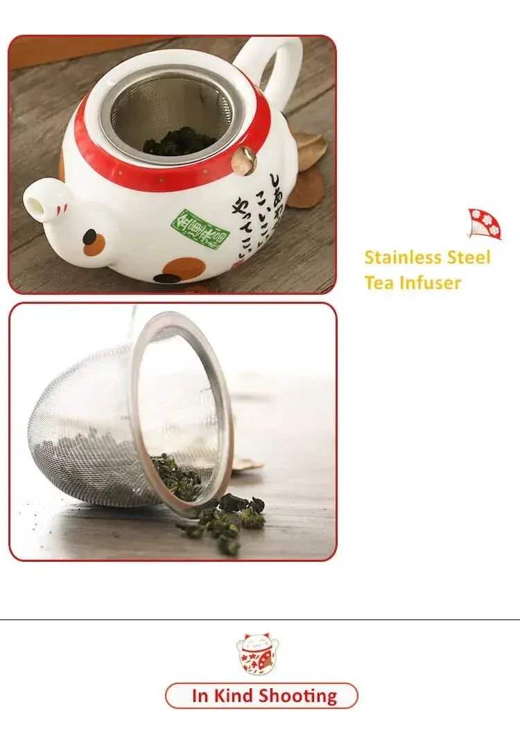 Cute Japanese Lucky Cat Porcelain Tea Set, Creative Maneki Neko Ceramic Tea Cup Pot with Strainer - Image 10
