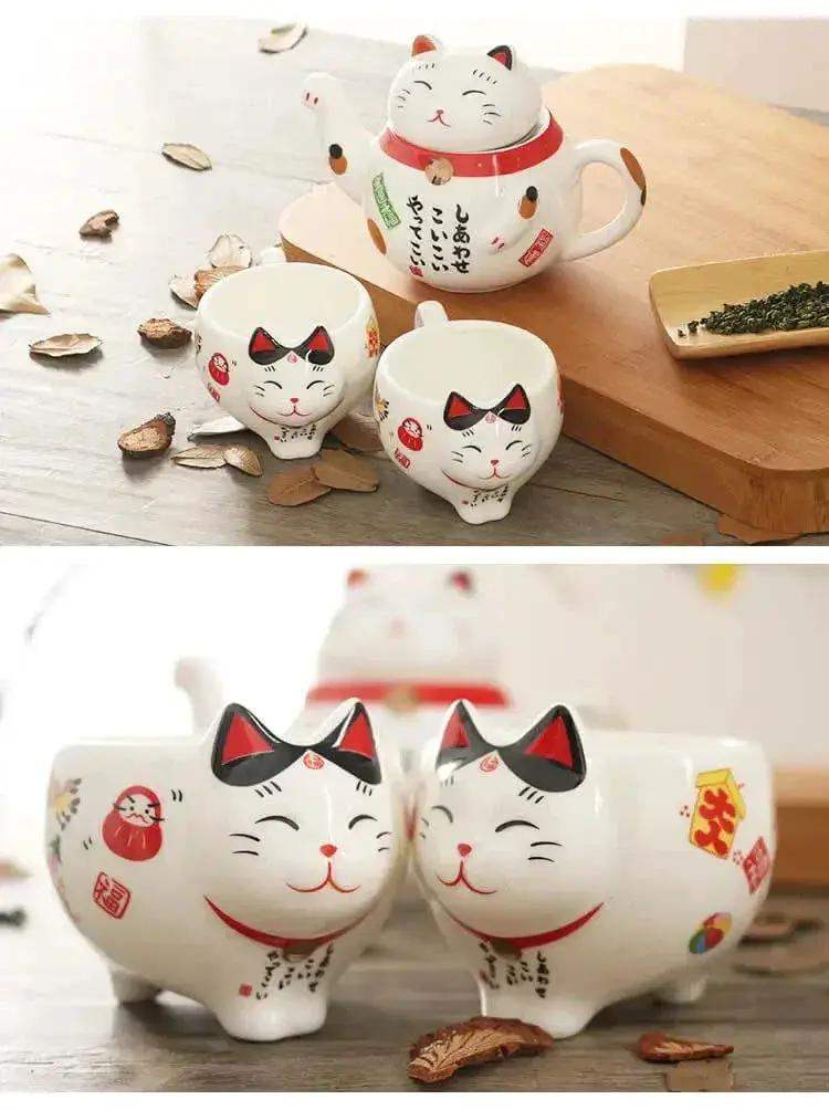 Cute Japanese Lucky Cat Porcelain Tea Set, Creative Maneki Neko Ceramic Tea Cup Pot with Strainer - Image 11