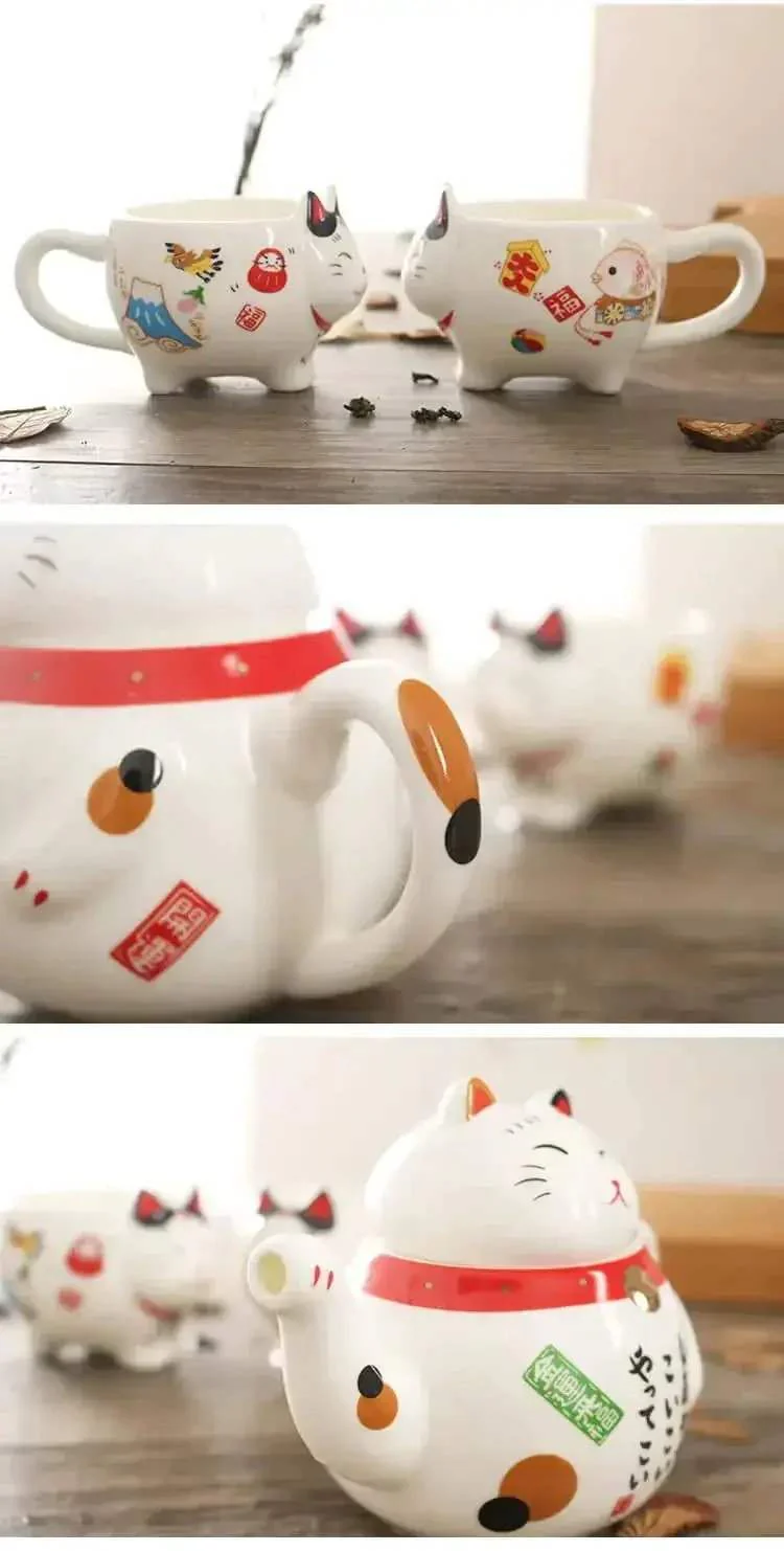 Cute Japanese Lucky Cat Porcelain Tea Set, Creative Maneki Neko Ceramic Tea Cup Pot with Strainer - Image 12