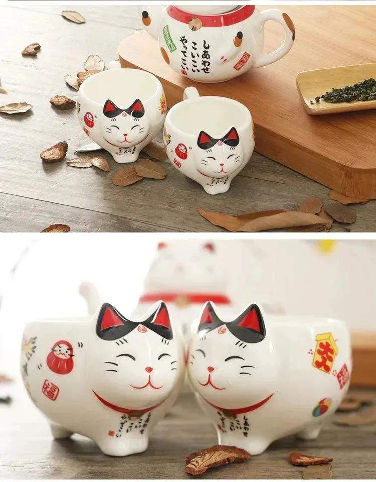 Cute Japanese Lucky Cat Porcelain Tea Set, Creative Maneki Neko Ceramic Tea Cup Pot with Strainer - Image 14