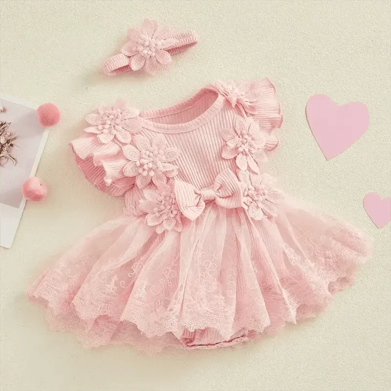 Deluxe Baby Girls Romper 3D Flower Mesh Lace Patchwork Ruffles For Newborns