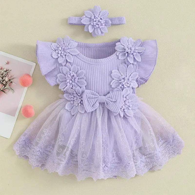 Deluxe Baby Girls Romper 3D Flower Mesh Lace Patchwork Ruffles For Newborns - Image 2