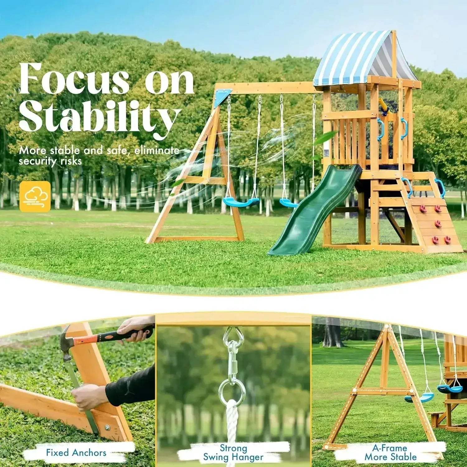Durable Wooden Swing Set With Slide And Climbing Wall - Image 2