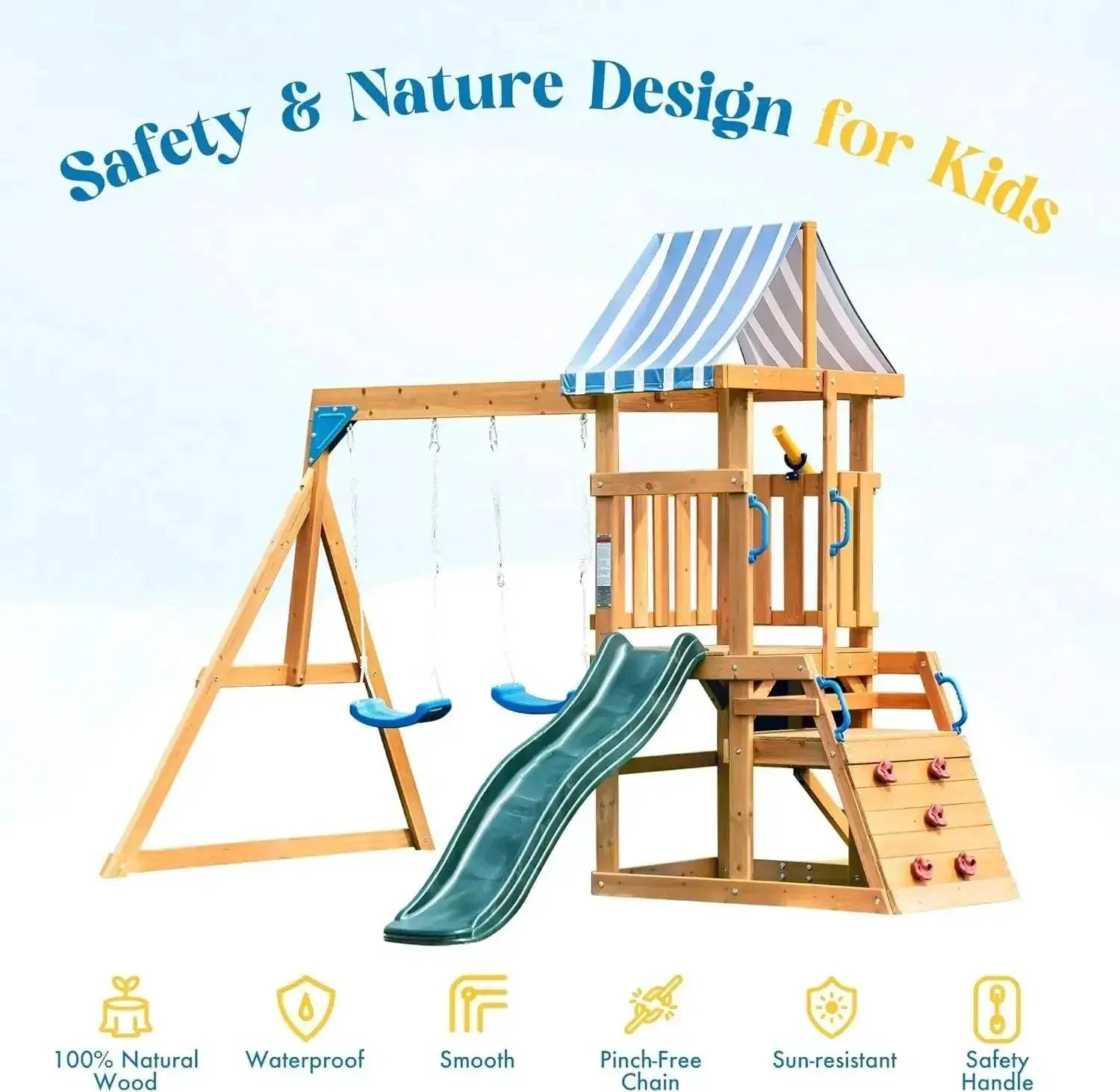 Durable Wooden Swing Set With Slide And Climbing Wall - Image 6