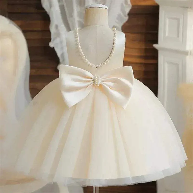 Elegant Baby Girl Dress For First Birthday Party With Big Bow Pearls Backless Tulle Gown For Infants