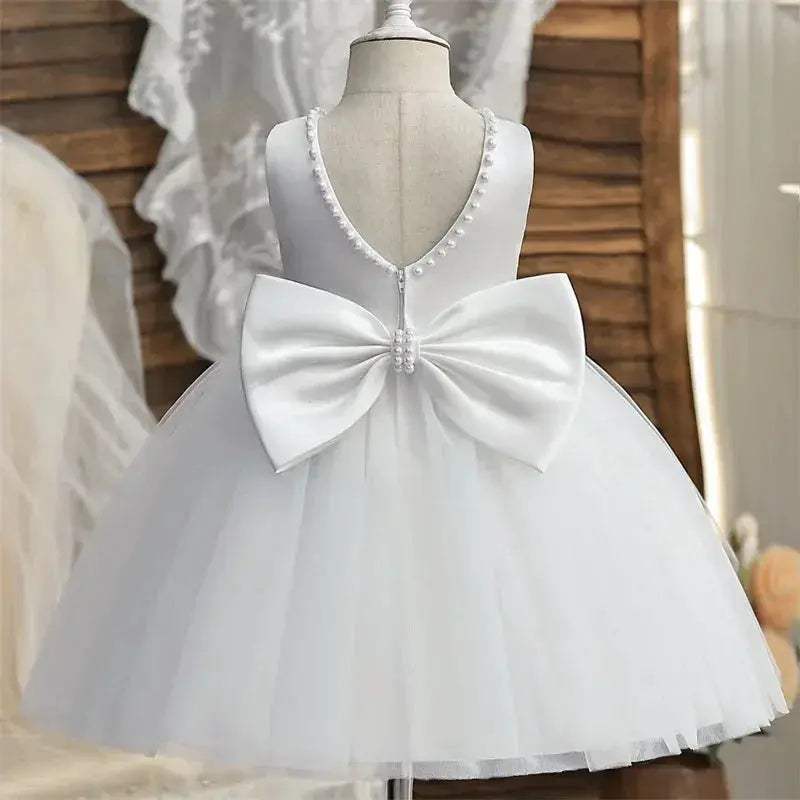 Elegant Baby Girl Dress For First Birthday Party With Big Bow Pearls Backless Tulle Gown For Infants - Image 7