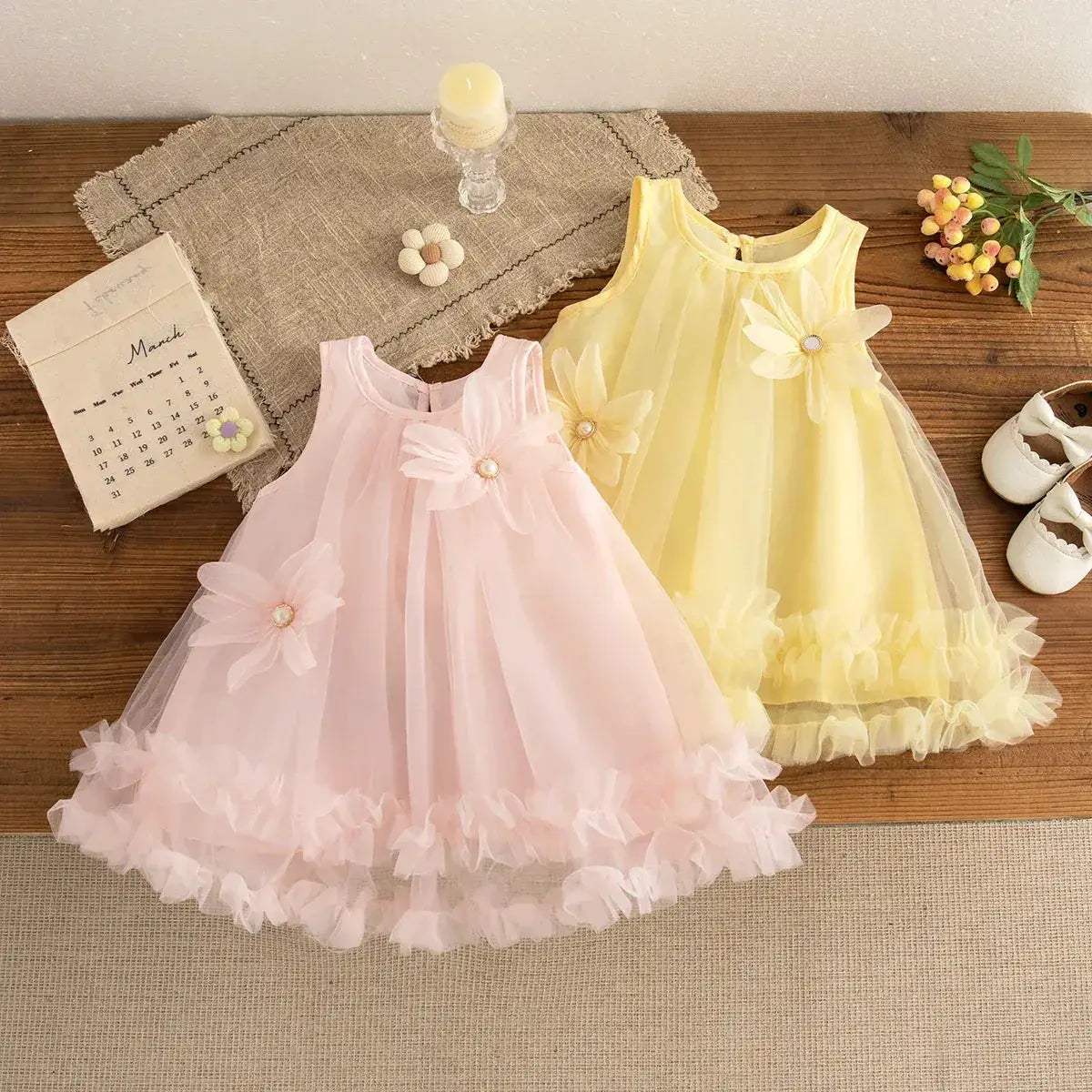 Elegant Baby Girl Dress With Feather Gauze Flower Sleeveless For Girls