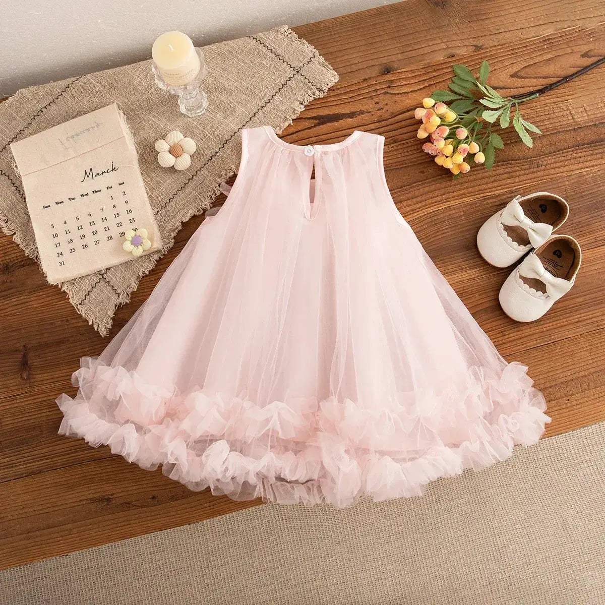 Elegant Baby Girl Dress With Feather Gauze Flower Sleeveless For Girls - Image 2