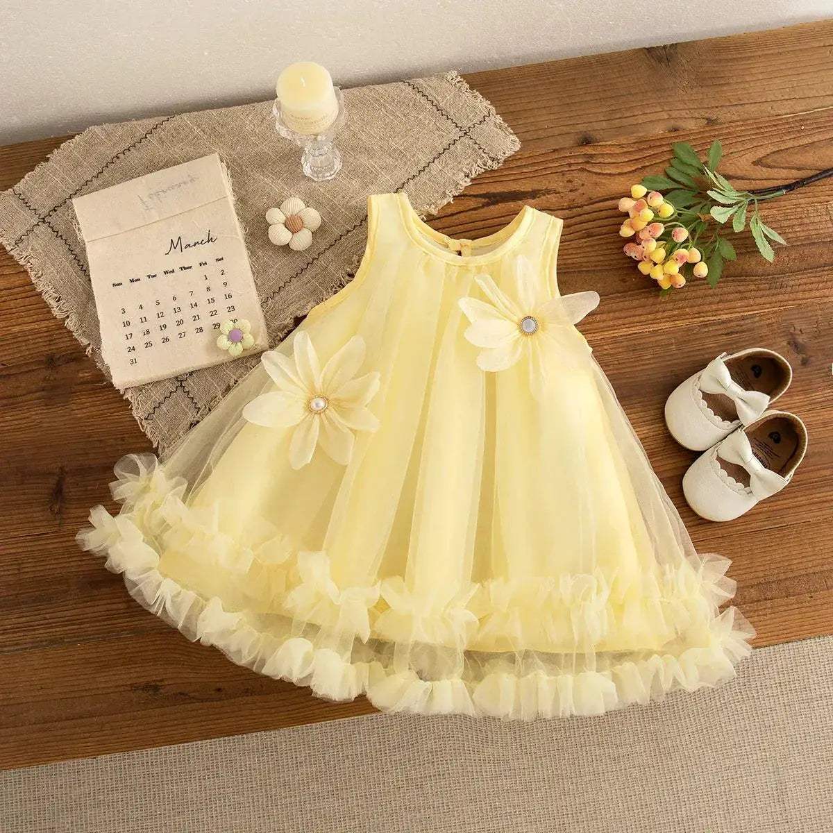 Elegant Baby Girl Dress With Feather Gauze Flower Sleeveless For Girls - Image 5
