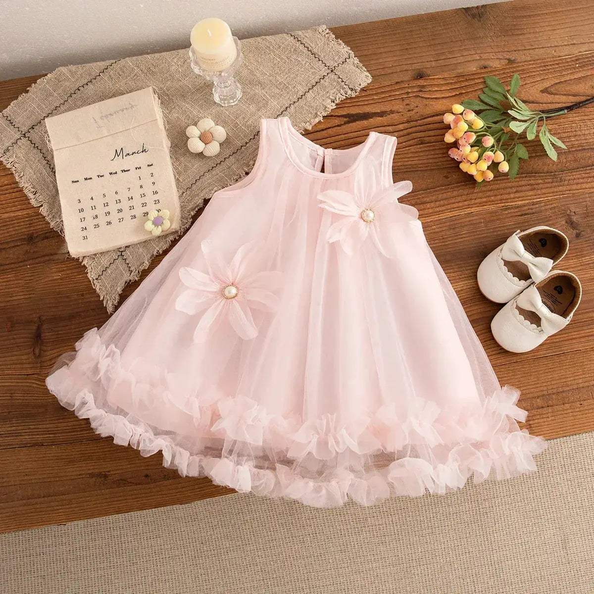 Elegant Baby Girl Dress With Feather Gauze Flower Sleeveless For Girls - Image 6