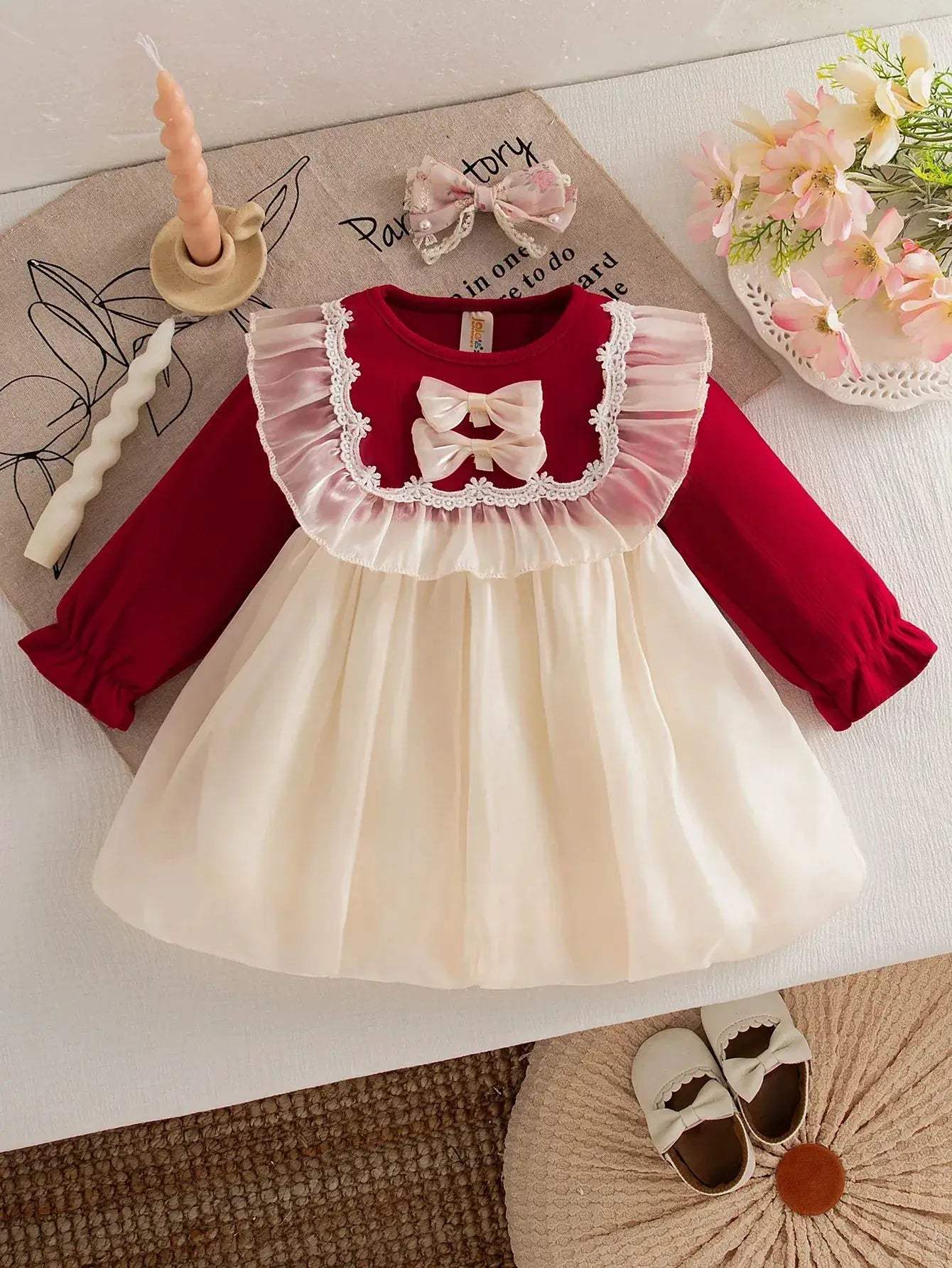 Elegant Knit Princess Gown Dress With Bow Trim Gauze For Toddler Girls Wedding Party - Image 3