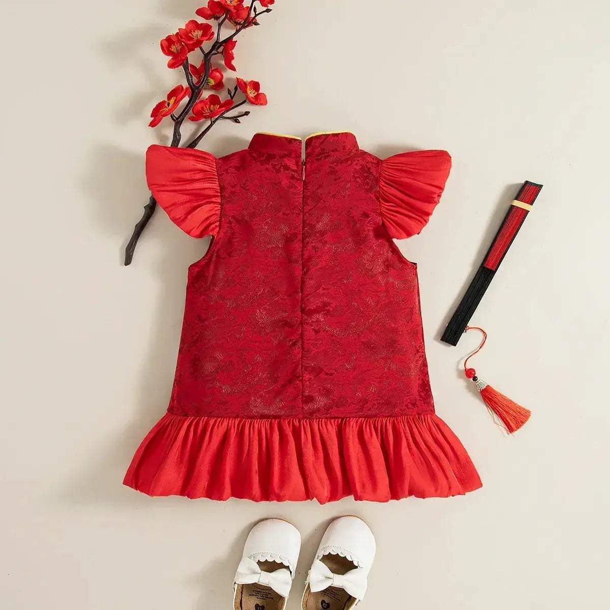 Elegant Qipao Dress Floral Jacquard With Chinese Knot Pendant For Baby Girls - Image 2