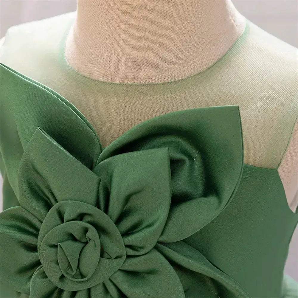 Elegant Tutu Dress For Baby Girls Floral Green With Big Flower For Parties And Weddings - Image 3