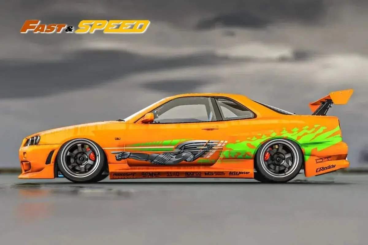 Fast Speed Nissan Skyline GT-R R34 Z-Tune HighWing Edition FNS Livery Amber Orange 1:64 - Image 5