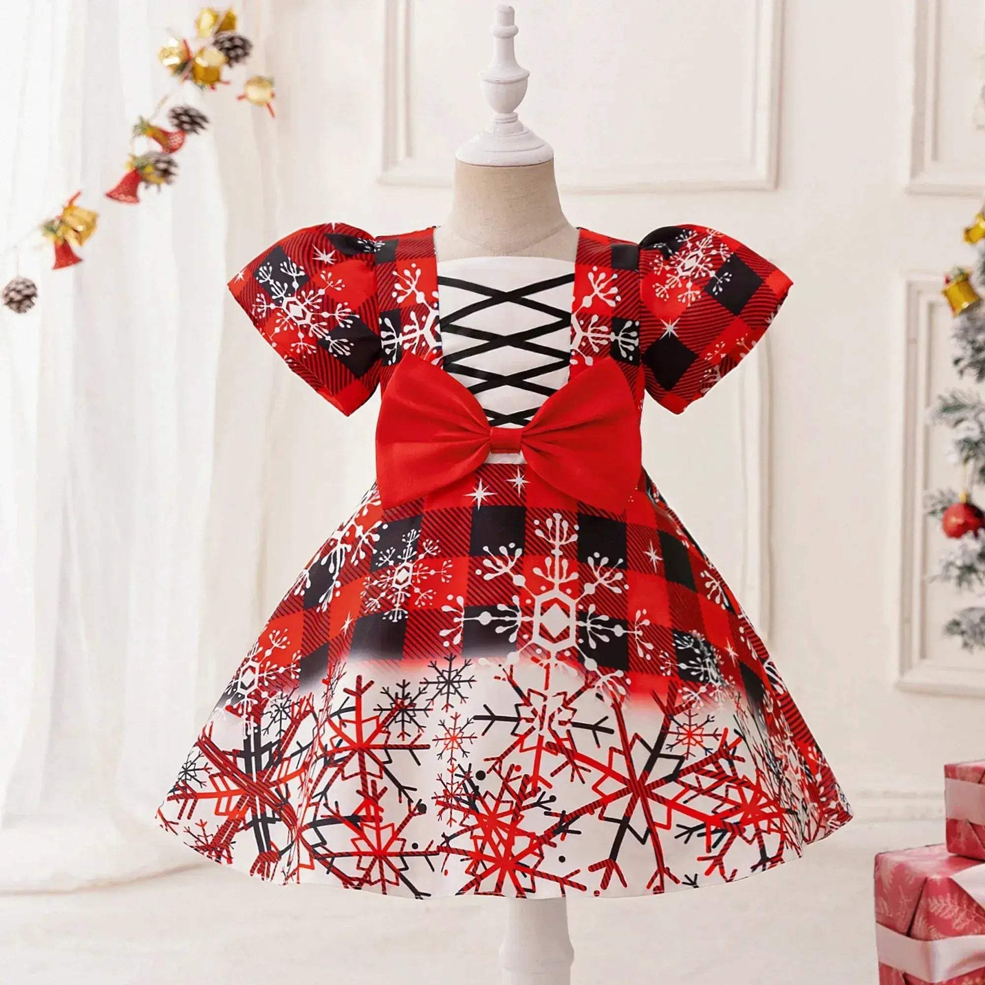 Festive Baby Girls Costume Dress Deer Themed Green Bow For Christmas Party - Image 3