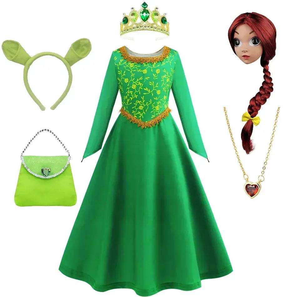 Green Princess Dress For Girls With Long Sleeve Halloween Costume