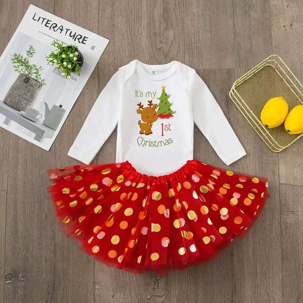 First Christmas Baby Romper Tutu Set With Deer Print - Image 4