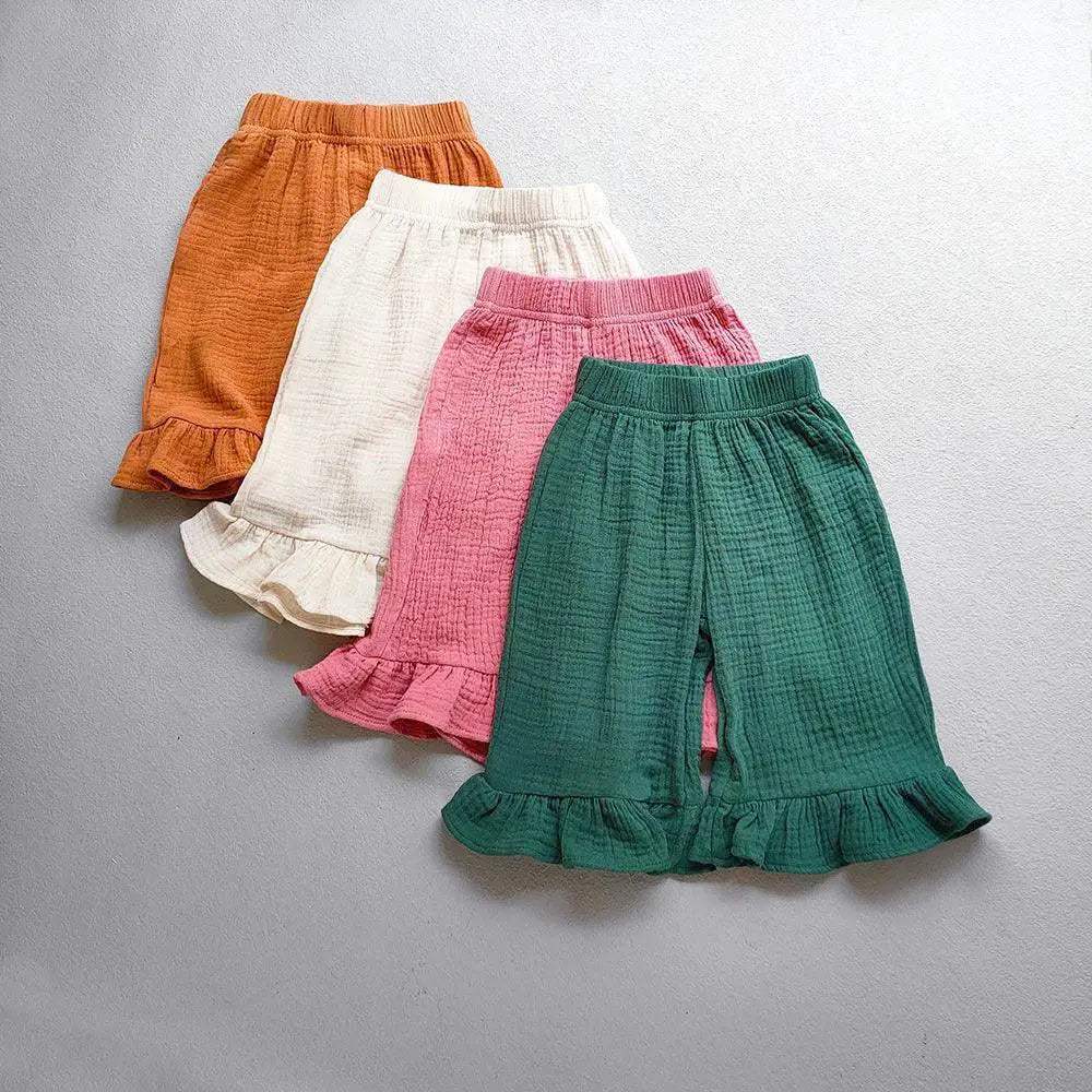 Girls Cotton Ruffle Loose Ankle Length Pants With Elastic Waist